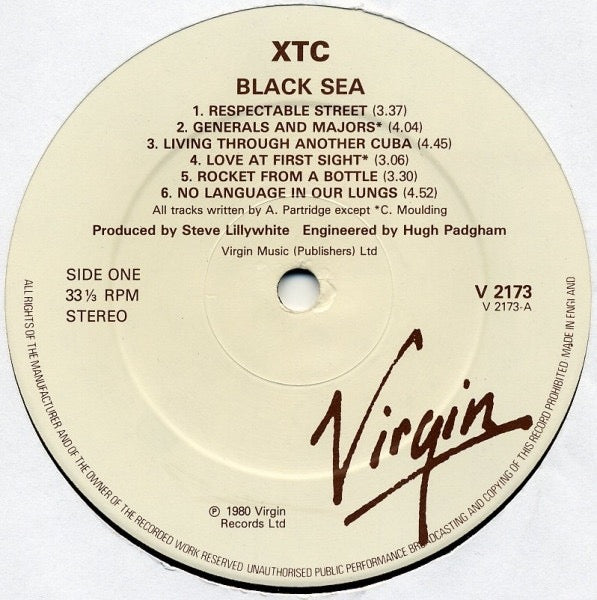 Image of Label Cover of LP - VG+/VG+ - XTC, Black Sea (Virgin; V2173, UK 1980, Insert, Green Outer Paper Bag), Outer Bag in G condition due to black staining to front and tear at bottom. Actual LP sleeve clean and crisp, Glossy disc. ,  - 3816081C