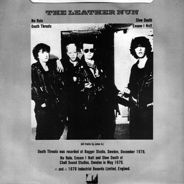 Image of Back Cover of 2014196C: 7" - THE LEATHER NUN, Slow Death EP (Industrial; IR0006, UK 1979, Picture Sleeve) Writing & date stamp on rear sleeve.  VG/VG+