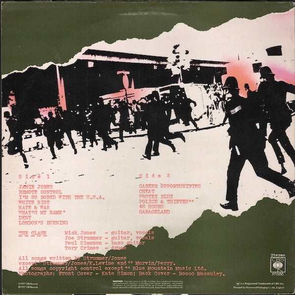 Image of Back Cover of 4444132S: LP - THE CLASH, The Clash (CBS; CBS 82000, UK 1970s Reissue, Repress. Nineden/Riva Publishing Credits, No Label Code, Arrow Under Stereo.) Light wear on sleeve. Audible spot on A5 where there's a bit of dirt caught in the grooves.   VG/VG