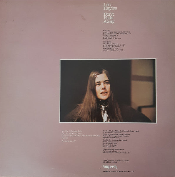 Image of Back Cover of 4323109E: LP - LOU HAYLES, Don't Hide Away (Myrhh; MYR1055, UK 1977, Inner) Strong VG+  VG+/VG+