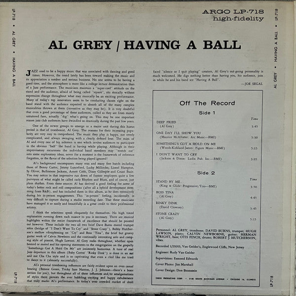Image of Back Cover of LP - VG/VG - AL GREY, Having A Ball (Argo; LP-718, US 1963, Mono), ,  - 3346272S