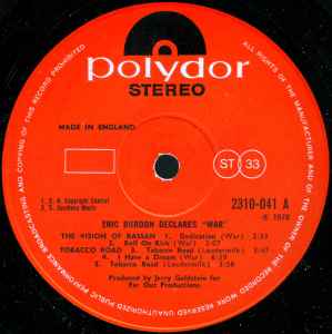 Image of Label Cover of 4645289S: LP - ERIC BURDON & WAR, Eric Burdon Declares "War" (Polydor; 2310 041, UK 1970) Ringwear on sleeve.  VG/VG+