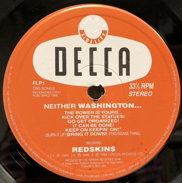 Image of Label Cover of LP - VG/G+ - REDSKINS, Neither Washington Nor Moscow (London Records No SIDE 1 / SIDE 2 Text On Labels.; FLP 1, UK 1986, Inner), Worn sleeve, old shop sticker on rear.,  - 4016066C