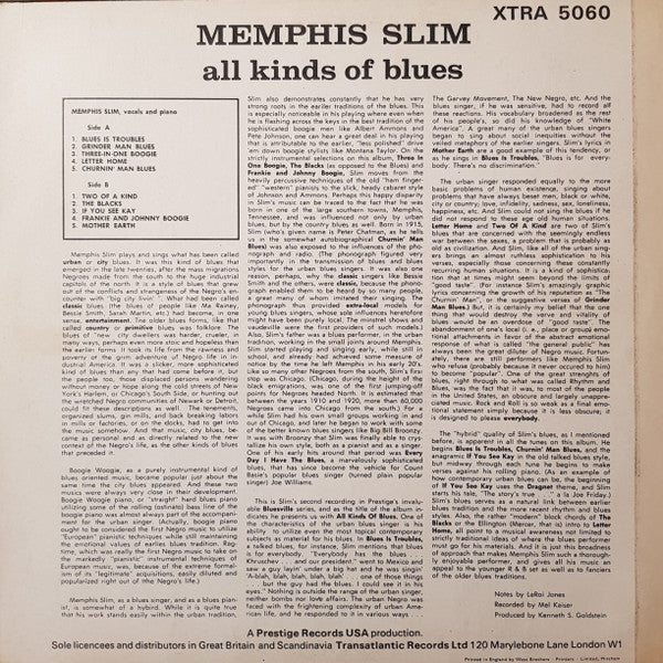 Image of Back Cover of LP - VG/G+ - MEMPHIS SLIM, All Kinds Of Blues (XTRA; XTRA 5060, UK 1968 Reissue, Laminated Front Sleeve, Inner), Sleeve has laminate lift, wear, sticker ghost / glue, some light staining / scuffs,  - 1716678C