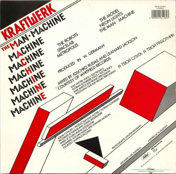 Image of Back Cover of 5024157E: LP - KRAFTWERK, The Man-Machine (Fame Cream Small Logo; FA4131181, UK 1985 Reissue) Strong VG  VG+/VG