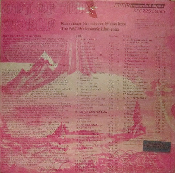 Image of Back Cover of LP - VG+/VG+ - BBC RADIOPHONIC WORKSHOP, Out of This World - Sound Effects (BBC Blue and White; REC 225, UK 1976, Laminated Front Sleeve), Minor wear to sleeve. Very nice clean copy all around.,  - 4146090S