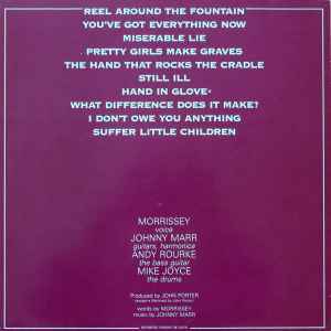 Image of Back Cover of LP - VG/G - THE SMITHS, The Smiths (Rough Trade - Grey Labels, Cursive Logo; ROUGH 61, UK 1984, The Smiths In Light Grey Text, Inner), Feelable scratch across A4/A5, light scratches, scuffs, seam split on Inner,  - 3546005S