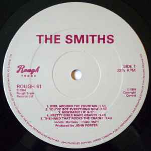 Image of Label Cover of LP - VG/G - THE SMITHS, The Smiths (Rough Trade - Grey Labels, Cursive Logo; ROUGH 61, UK 1984, The Smiths In Light Grey Text, Inner), Feelable scratch across A4/A5, light scratches, scuffs, seam split on Inner,  - 3546005S