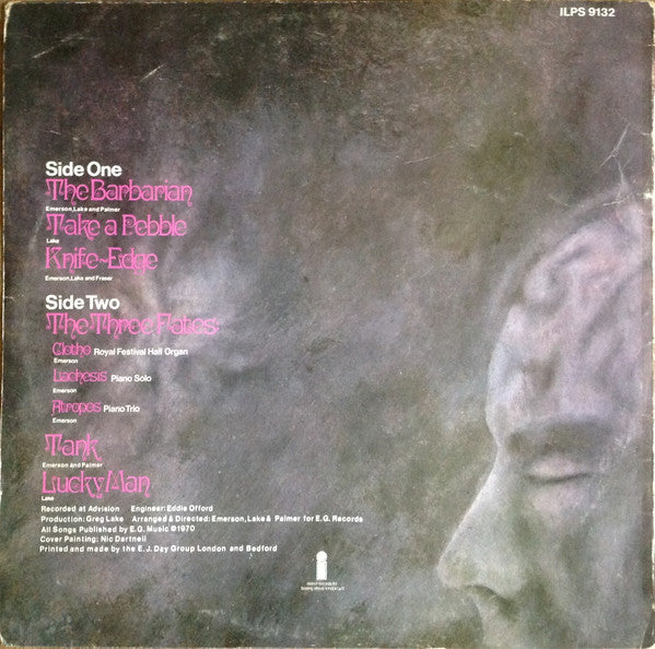 Image of Back Cover of LP - G+/G+ - ELP (EMERSON, LAKE & PALMER), ELP (Emerson, Lake & Palmer) (Island Pink "I"; ILPS9132, UK 1970), Strong G+, hairlines over record only. Rip and staining to cover and ring wear. ,  - 3526282E