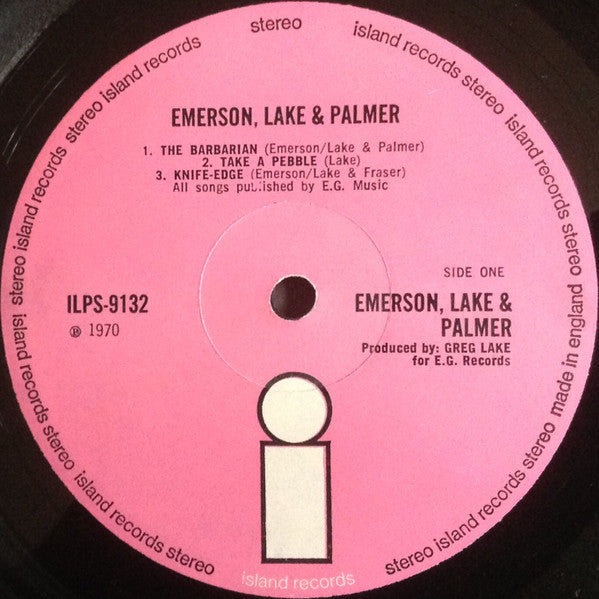 Image of Label Cover of LP - G+/G+ - ELP (EMERSON, LAKE & PALMER), ELP (Emerson, Lake & Palmer) (Island Pink "I"; ILPS9132, UK 1970), Strong G+, hairlines over record only. Rip and staining to cover and ring wear. ,  - 3526282E