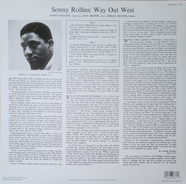 Image of Back Cover of LP - VG/VG - SONNY ROLLINS, Way Out West (OJC / Contemporary; OJC-337 (S7530), US 2009 Reissue, Stereo), Strong VG,  - 4146060S