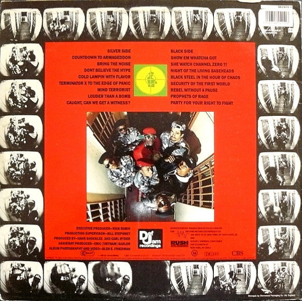 Image of Back Cover of 5144287S: LP - PUBLIC ENEMY, It Takes a Nation of Millions (Def Jam; 462415 1, UK 1988, Picture sleeve, Inner) Light marks.Light wear to sleeve with writing indentation on back (seen at an angle only)  VG/VG