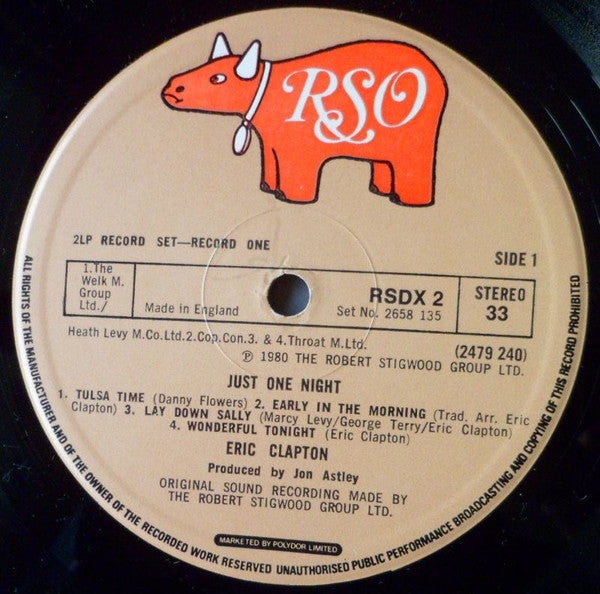 Image of Label Cover of 2xLP - VG+/VG+ - ERIC CLAPTON, Just One Night (RSO; RSDX 2, UK 1980, Gatefold), ,  - 0826377E