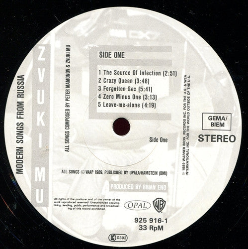 Image of Label Cover of LP - VG+/VG - ZVUKI MU, Zvuki Mu (Opal Records; 925916-1, Germany 1989, Inner, Produced by Brian Eno. Modern Songs from Russia), ,  - 2626248E