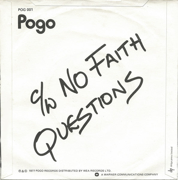 Image of Back Cover of 0326076E: 7" - SUBURBAN STUDS, No Faith / Questions (Pogo; POG 001, UK 1977 Reissue, Picture Sleeve, Second Pressing Without Saxophone) Strong VG+, Slight Water Damage To Sleeve  VG/VG+
