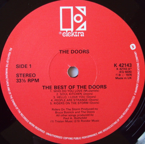 Image of Label Cover of 5144176S: LP - THE DOORS, The Best Of The Doors (Elektra Red; K42143, UK 1979 Reissue) Edge Wear  VG/VG