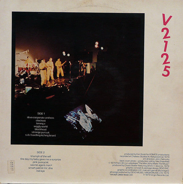 Image of Back Cover of LP - VG/VG - DEVO, Duty Now For The Future (Virgin; V 2125, UK 1979, Embossed Blue/White Sleeve With Band Photo On Rear, With Large Postcard), ,  - 3916145C