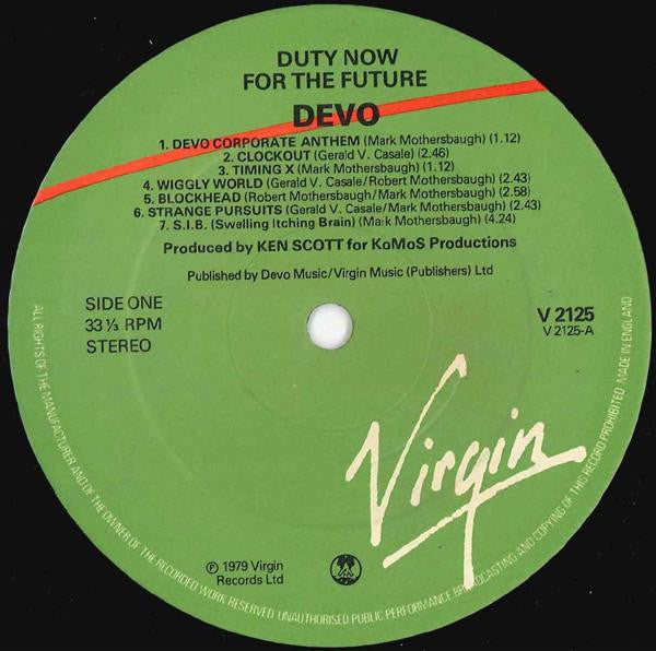 Image of Label Cover of LP - VG/VG - DEVO, Duty Now For The Future (Virgin; V 2125, UK 1979, Embossed Blue/White Sleeve With Band Photo On Rear, With Large Postcard), ,  - 3916145C