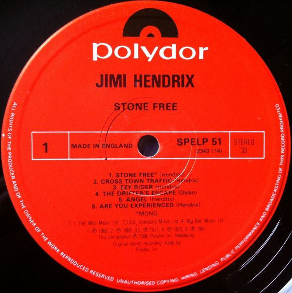 Image of Label Cover of LP - VG/VG - JIMI HENDRIX, Stone Free (Polydor; SPELP 51, UK 1983), ,  - 2826390E