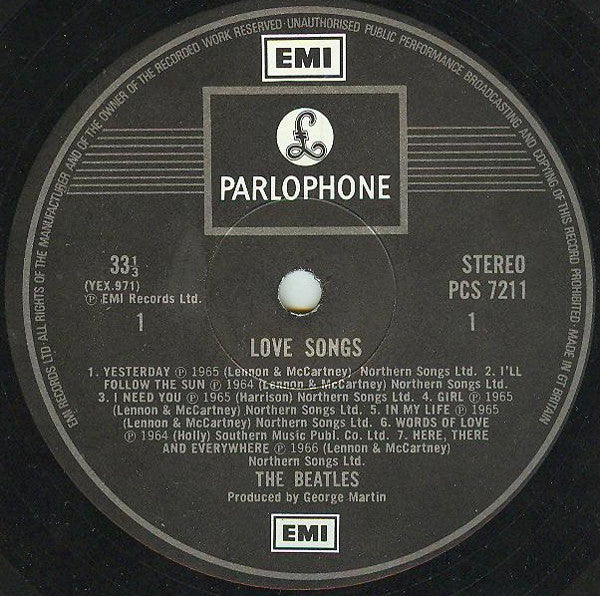 Image of Label Cover of 5144032S: 2xLP - THE BEATLES, Love Songs (Parlophone; PCSP721, UK 1977, Non-Embossed Gatefold, Black & Silver Parlophone labels with 2 EMI Boxed Logos.) A few hairlines and surface marks.Sleeve is a Strong VG, light creasing, ring wear, edge wear.  VG/VG