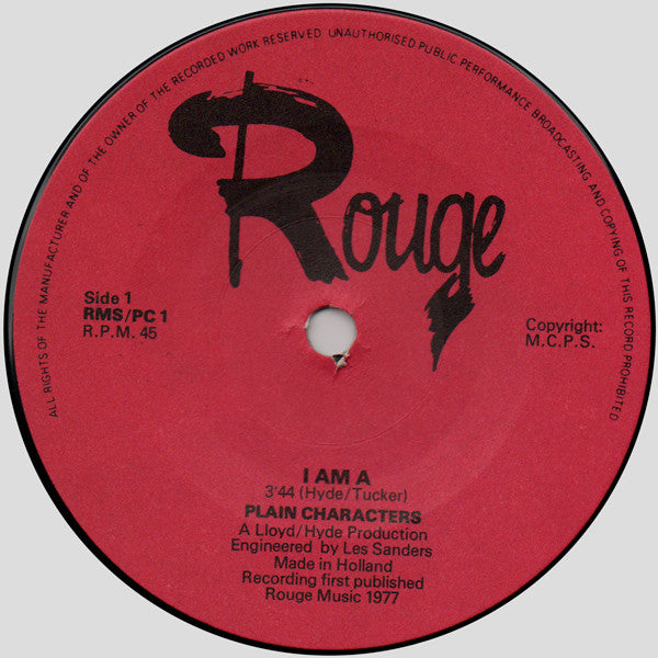 Image of Label Cover of 7" - VG+/EX - PLAIN CHARACTERS, I am a / Very Peculiar Julia (Rouge Music Ltd; RMS/PC 1, UK 1977, Triple Fold Over Sleeve), ,  - 0326100E