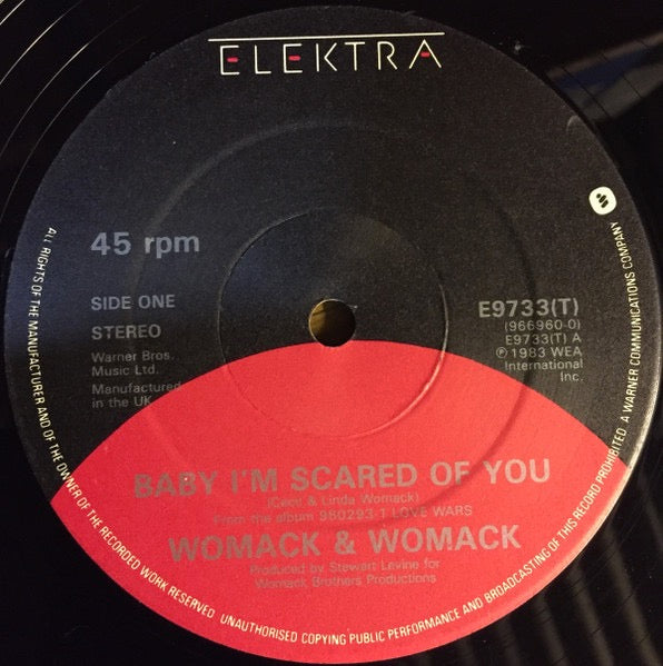 Image of Label Cover of 3615442C: 12" - WOMACK AND WOMACK, Baby I'm Scared Of You  (Elektra; E9733T, UK 1983)   VG/VG