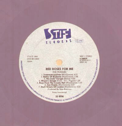 Image of Label Cover of LP - VG/VG - THE POGUES, Red Roses For Me (Stiff; 6.26059, Germany 1984, Purple Vinyl), Strong VG,  - 0726123E