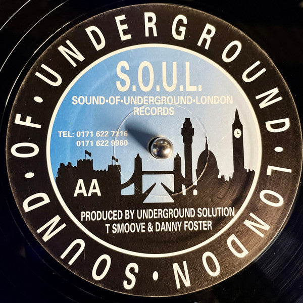 Image of Back Cover of 12" - /VG - UNDERGROUND SOLUTION, Get Happy / Moving Underground (Sound Of Underground London Records; S.O.U.L. 002, UK 1997, Plain Sleeve), , Slamming 4x4 UK Garage... Doesn't get much better than this! - 3626132E