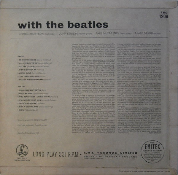 Image of Back Cover of LP - VG/VG - THE BEATLES, With The Beatles (Parlophone Black/Yellow; PMC 1206, UK 1963, Laminated G&L Flipback Sleeve, 2nd Pressing, Mono, "Got A Hold" Spelling on Label and Sleeve, Record ing First Publ, but No Sold in UK text, Dominion Publ), ,  - 1326027E