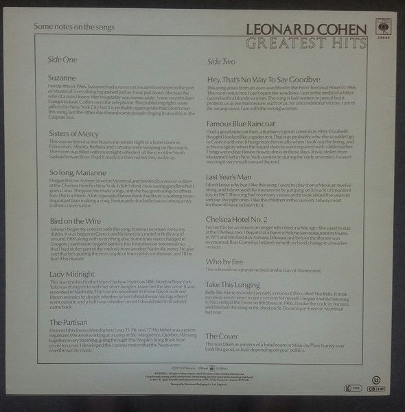 Image of Back Cover of LP - VG/G+ - LEONARD COHEN, Greatest Hits (CBS Red; 32644, UK 1985 Reissue, Insert, Nice Price Inner), NP sticker on sleeve.,  - 3016279C
