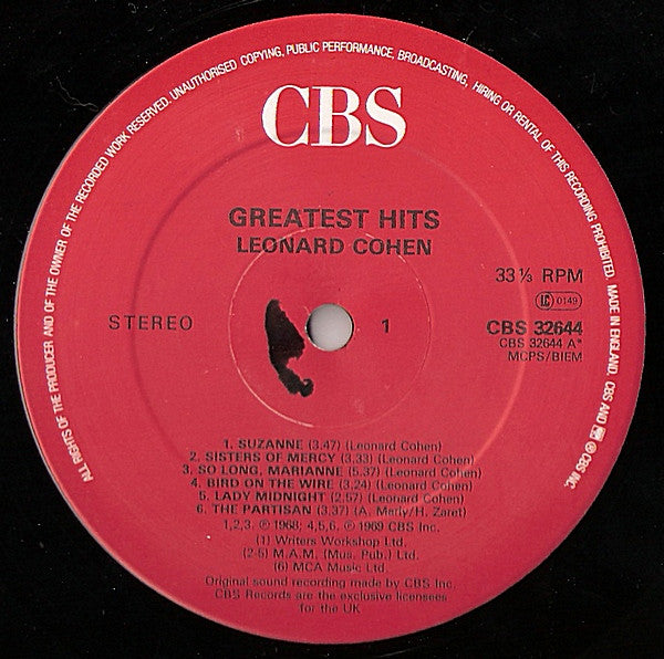 Image of Label Cover of LP - VG/G+ - LEONARD COHEN, Greatest Hits (CBS Red; 32644, UK 1985 Reissue, Insert, Nice Price Inner), NP sticker on sleeve.,  - 3016279C