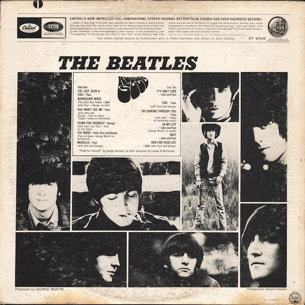 Image of Back Cover of LP - VG/VG+ - THE BEATLES, Rubber Soul (Capitol Colorband MFD. By Capitol... Rimtext; ST2442, US 1966 Reissue, White Border Sleeve, Stereo Repress, Los Angeles Pressing), Light hairlines uder light, sleeve spine discoloured. No Company Inner.,  - 4216363C