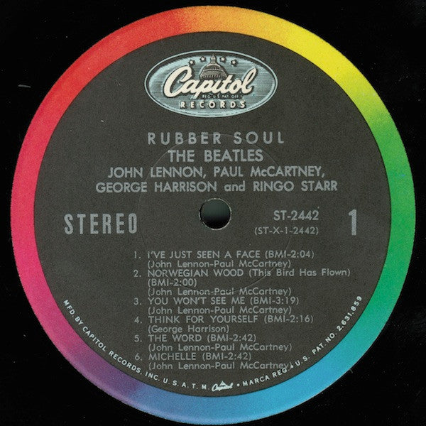 Image of Label Cover of LP - VG/VG+ - THE BEATLES, Rubber Soul (Capitol Colorband MFD. By Capitol... Rimtext; ST2442, US 1966 Reissue, White Border Sleeve, Stereo Repress, Los Angeles Pressing), Light hairlines uder light, sleeve spine discoloured. No Company Inner.,  - 4216363C