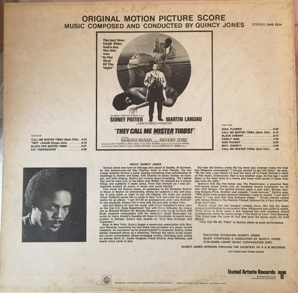 Image of Back Cover of 4844366S: LP - QUINCY JONES, They Call Me Mister Tibbs OST (UA; UAS 5214, US 1970) Corner cut. Still in shrinkwrap. Light marks on disc.  VG/VG