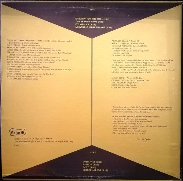 Image of Back Cover of LP - VG/VG+ - CORKY MCCLERKIN , Searchin' For The Soul (WinCor; CF 3993, US 1983), Light fogging on Side B that does not affect playback. A handful of very light hairlines only. Sleeve has a couple of bumped corners and some edgewear. ,  - 2226371E