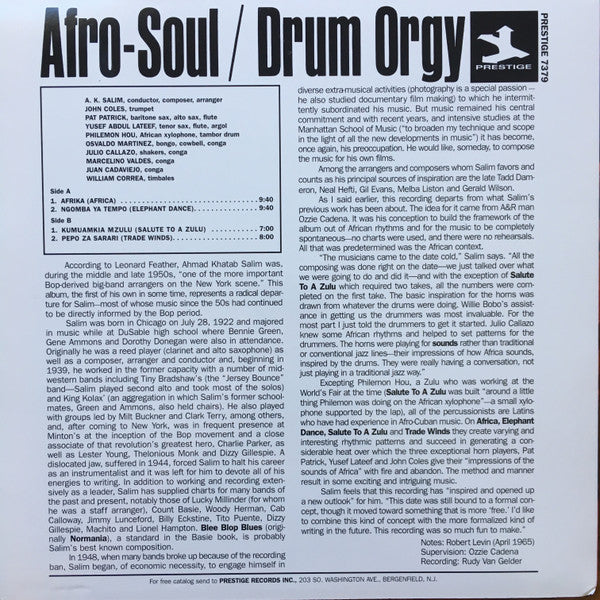 Image of Back Cover of LP - VG+/VG - A.K. SALIM, Afro-Soul/Drum Orgy (Prestige ; PRLP 7379, US 2000s Reissue), ,  - 3616200C