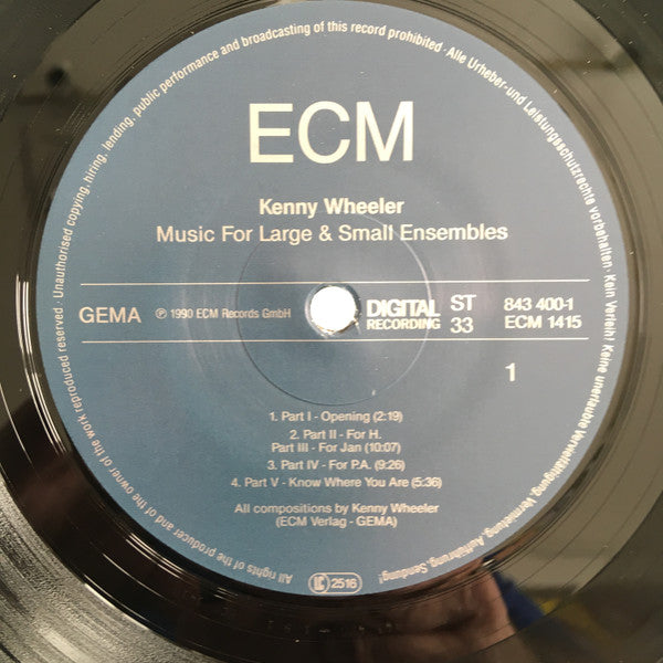 Image of Label Cover of 2xLP - VG/VG+ - KENNY WHEELER, Music for Large & Small Ensembles (ECM; 1415/16, Germany 1990, Gatefold, Insert), Strong VG+, Damage To Rear Sleeve Opening, Edge and Ring Wear,  - 2826112E