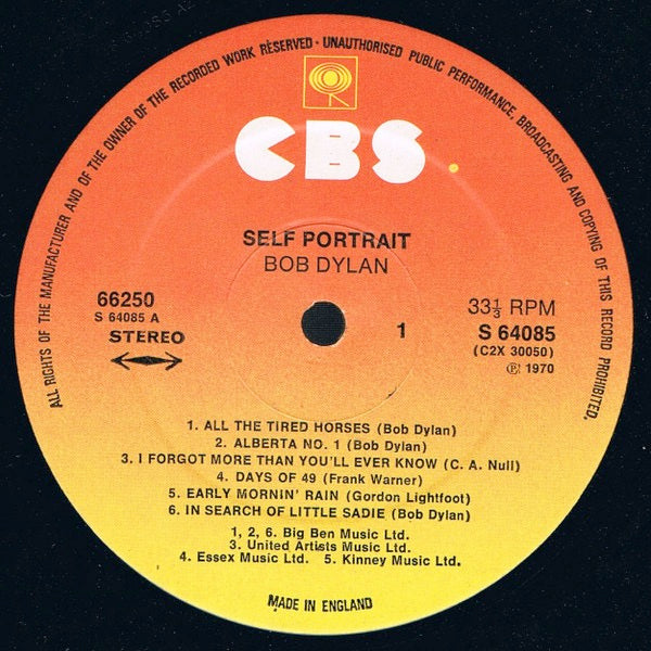 Image of Label Cover of 2xLP - VG/VG - BOB DYLAN, Self Portrait (CBS Orange/Yellow; S 66250, UK 1975 Reissue, Gatefold), Hairlines, feint ring wear,  - 4346308S