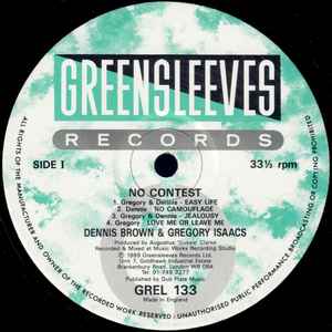 Image of Label Cover of LP - VG/VG+ - GREGORY ISAACS & DENNIS BROWN, No Contest (Greensleeves Records; GREL 133, UK 1989), ,  - 3526148E