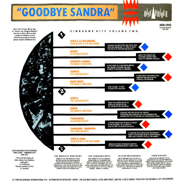 Image of Back Cover of LP - VG+/VG - VARIOUS, "Goodbye Sandra": Zimbabwe Hits Volume Two (Discafrique International; AFRI LP05, UK 1988), Light marks only,  - 4216411C
