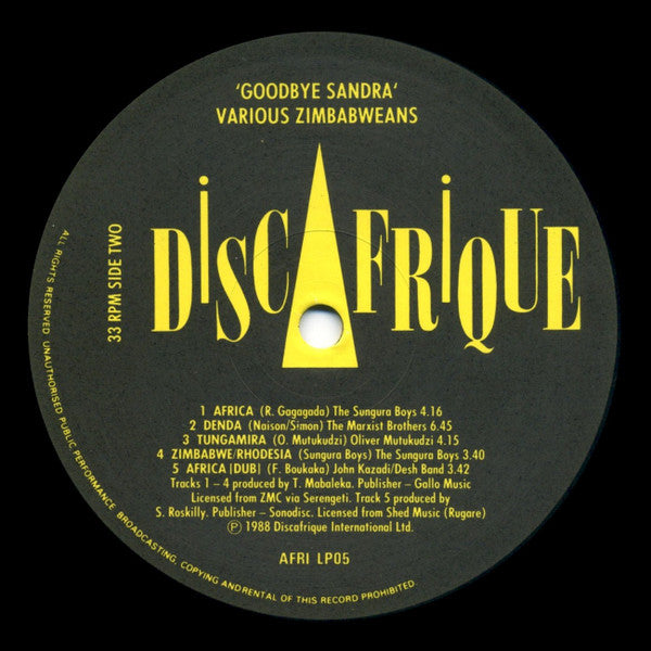 Image of Label Cover of LP - VG+/VG - VARIOUS, "Goodbye Sandra": Zimbabwe Hits Volume Two (Discafrique International; AFRI LP05, UK 1988), Light marks only,  - 4216411C