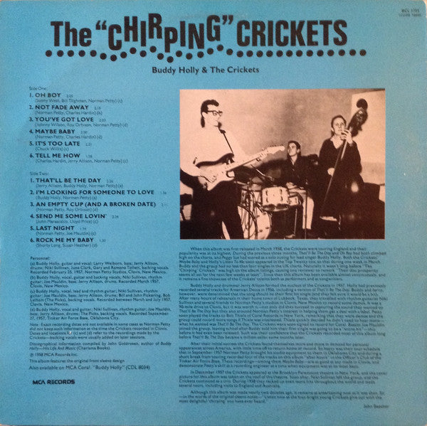 Image of Back Cover of LP - VG+/VG+ - BUDDY HOLLY AND THE CRICKETS, The "Chirping" Crickets (MCA Coral; MCL 1753, UK 1983 Reissue, No Barcode ), ,  - 1716364C