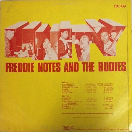 Image of Back Cover of LP - VG/G+ - FREDDIE NOTES AND THE RUDIES, Unity (Trojan Records; TBL 109 , UK 1970, Laminated Front Sleeve), Marks and scuffs, crackle but still plays above grade. Lots of creases on sleeve, storage wear, still looks acceptable.,  - 2846226S