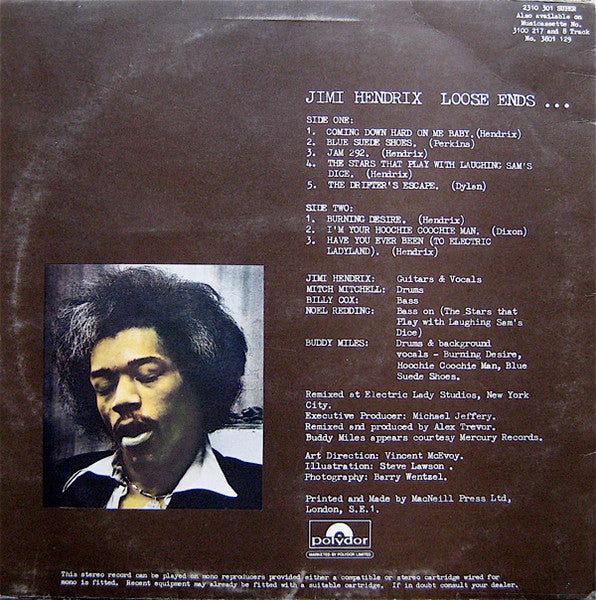 Image of Back Cover of 4624125E: LP - JIMI HENDRIX, Loose Ends   (Polydor; 2310 301, UK 1974,    1973 POLYDOR INT.  is printed on one line) Limited Edition Box Set Stamped in Gold on Rear Sleeve  EX/EX