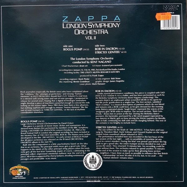 Image of Back Cover of LP - VG/VG - FRANK ZAPPA, London Symphony Orchestra - Zappa Vol. II (Zappa Records; Zappa 5, UK 1987), Sleeve has edge wear & a split seam.,  - 3116103C