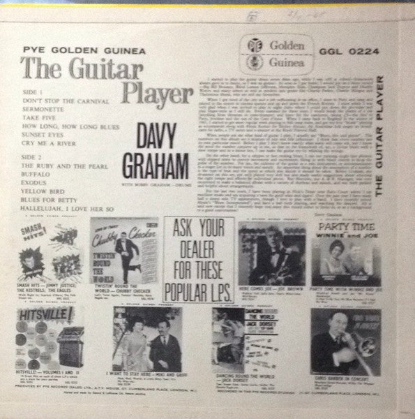 Image of Back Cover of 2924077E: LP - DAVY GRAHAM, The Guitar Palyer (Pablye Golden guinea; GGL 0224, UK 1963, Laminated Flipback Sleeve) B1 has feelable scratch that causes a click throughout. Many other lesser marks on vinyl. Sleeve is in 2 pieces and very shabby.  F/G