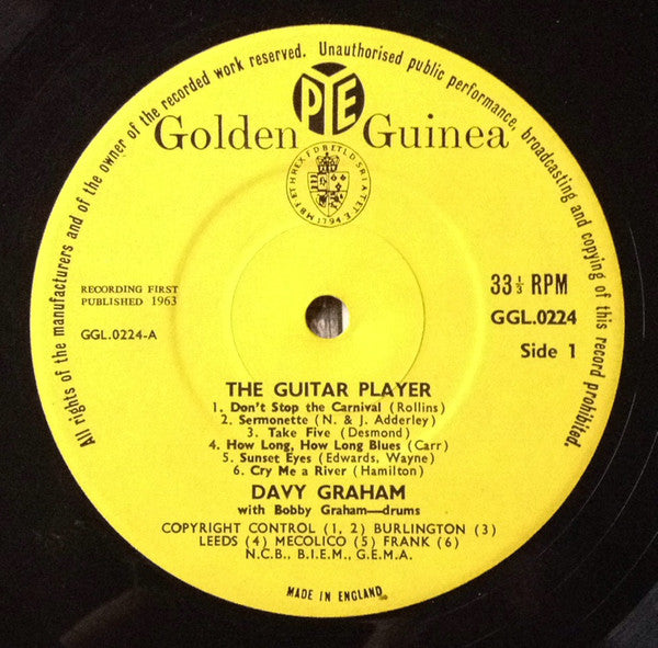 Image of Label Cover of 2924077E: LP - DAVY GRAHAM, The Guitar Palyer (Pablye Golden guinea; GGL 0224, UK 1963, Laminated Flipback Sleeve) B1 has feelable scratch that causes a click throughout. Many other lesser marks on vinyl. Sleeve is in 2 pieces and very shabby.  F/G