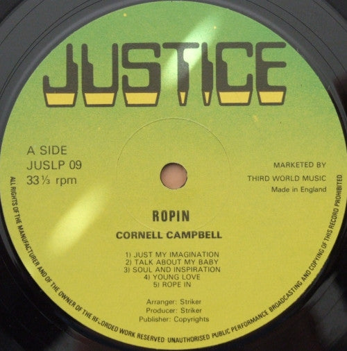 Image of Label Cover of LP - VG+/VG+ - CORNELL CAMPBELL, Ropin' (Justice; JUSLP 09, UK 1980, Laminated Front Sleeve), Light creases on sleeve.,  - 2146225S