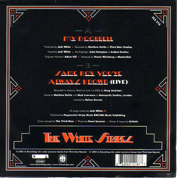 Image of Back Cover of 7" - VG+/VG - THE WHITE STRIPES, My Doorbell (XL Recordings; XLS 218, UK 2005, Picture Sleeve, White Marbled Vinyl), Small chip in dead wax run in, Otherwise clean,  - 3116097C