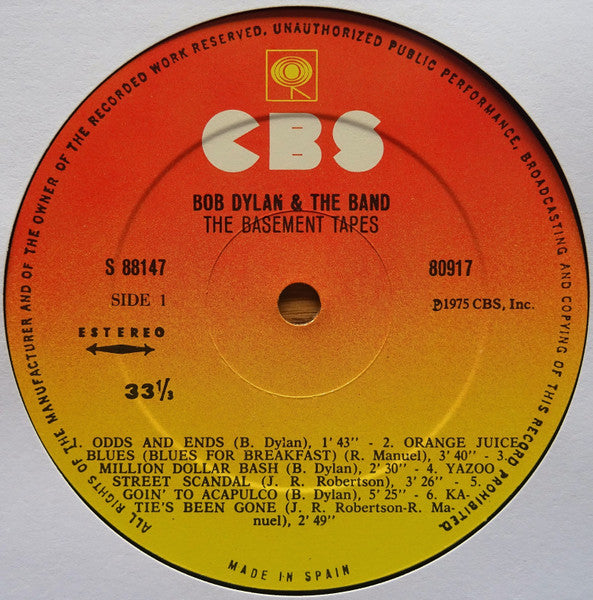 Image of Label Cover of 2xLP - VG/G+ - BOB DYLAN AND THE BAND, The Basement Tapes (CBS; 88147, Spain 1975, Non-Stickered Gatefold, "Shorewood Packaging, England" on Back Cover), Edge and ring wear, scuffs. Hairlines across discs.,  - 4246116S